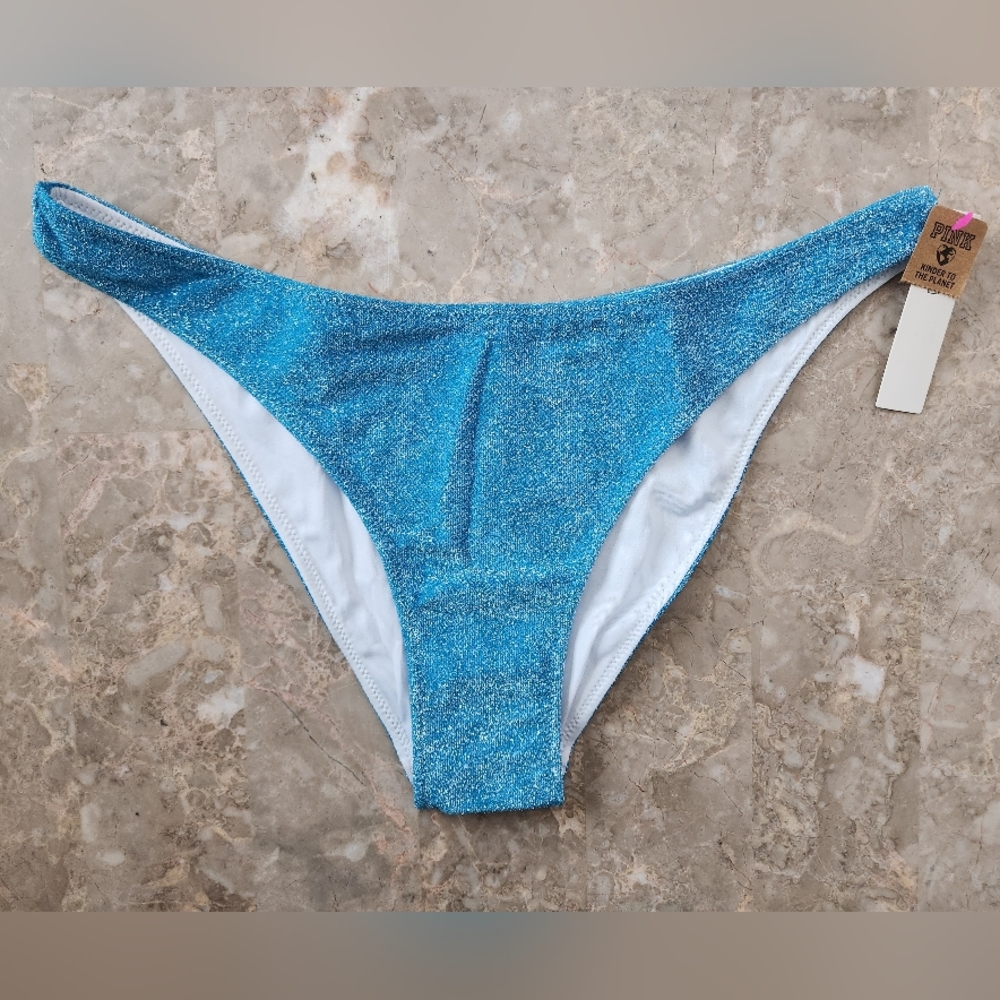 XS S M PINK Swim Brazilian Bikini Bottom Blue Shimmer - Picture 2 of 8